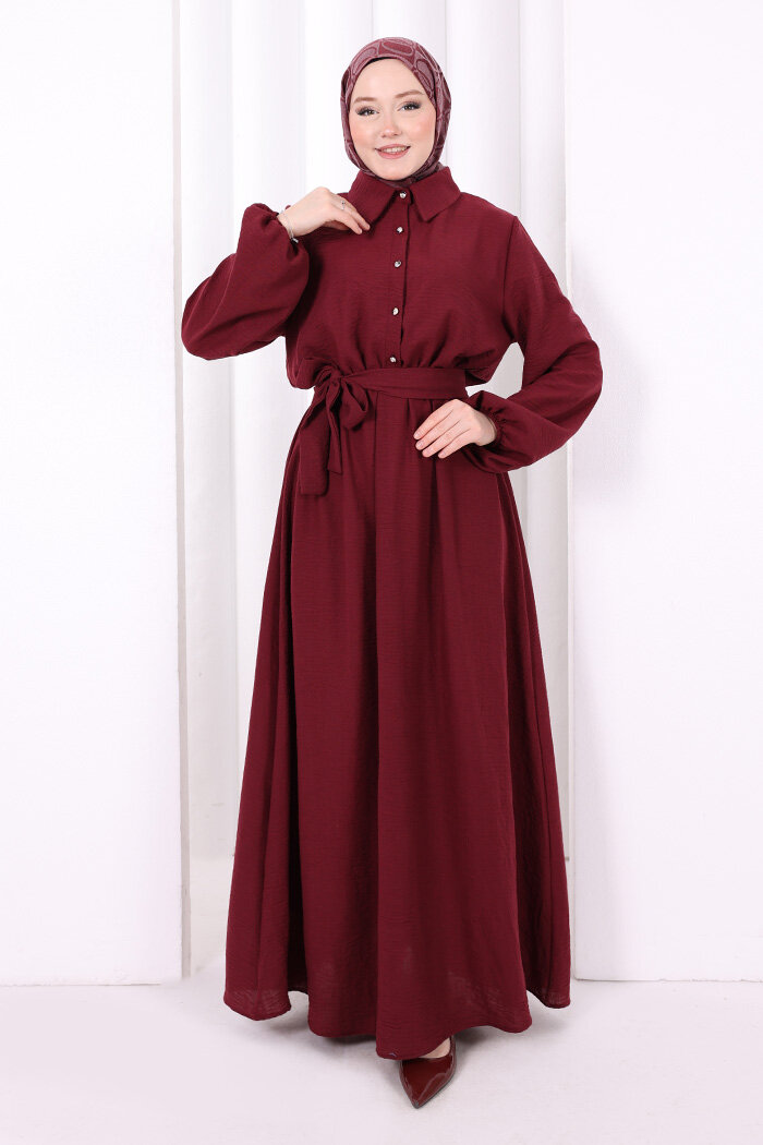 Düğme Detaylı Elbise 6097 Bordo - 2