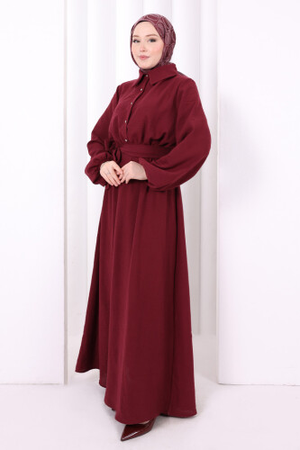 Düğme Detaylı Elbise 6097 Bordo - 3