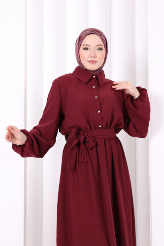 Düğme Detaylı Elbise 6097 Bordo - 5