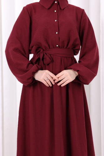 Düğme Detaylı Elbise 6097 Bordo - 6