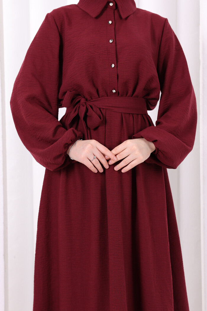 Düğme Detaylı Elbise 6097 Bordo - 6