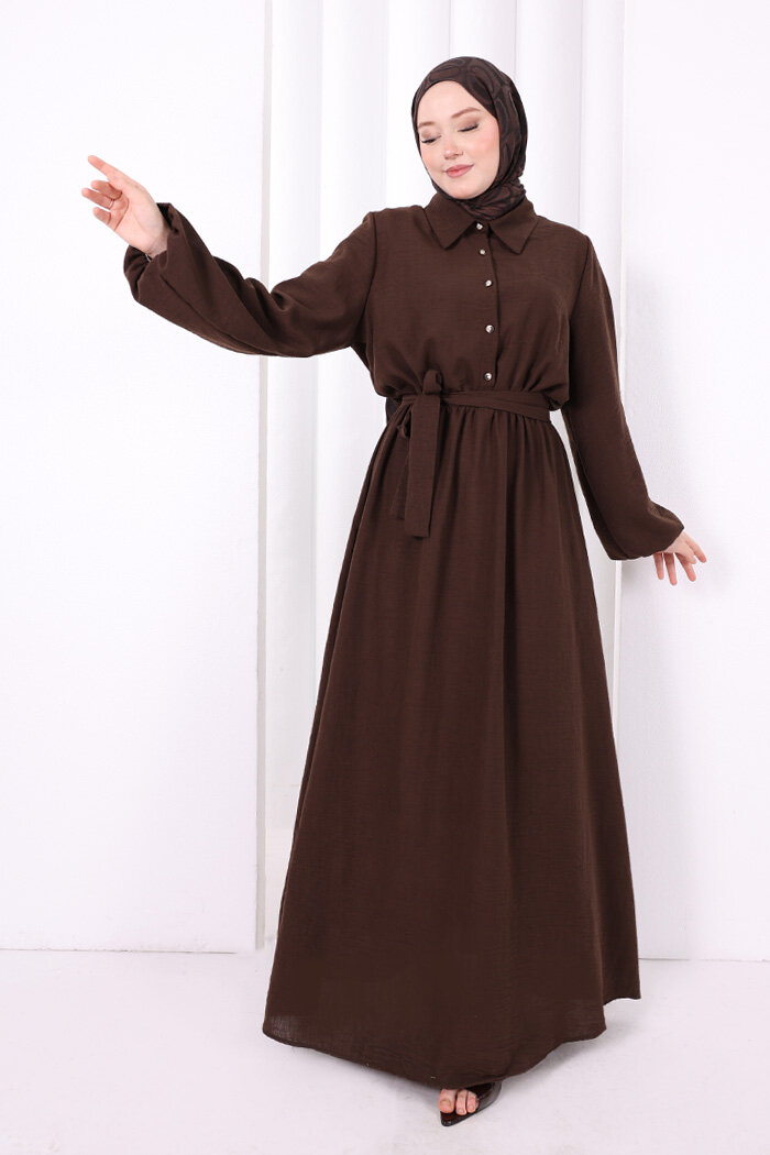 Düğme Detaylı Elbise 6097 Kahverengi - 4