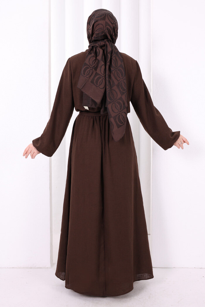 Düğme Detaylı Elbise 6097 Kahverengi - 5