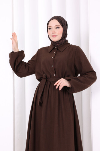 Düğme Detaylı Elbise 6097 Kahverengi - 6