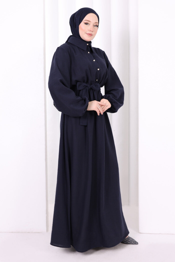 Düğme Detaylı Elbise 6097 Lacivert - 3