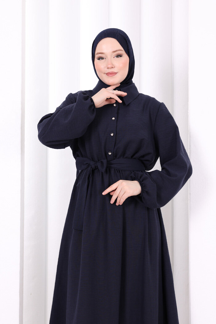 Düğme Detaylı Elbise 6097 Lacivert - 5