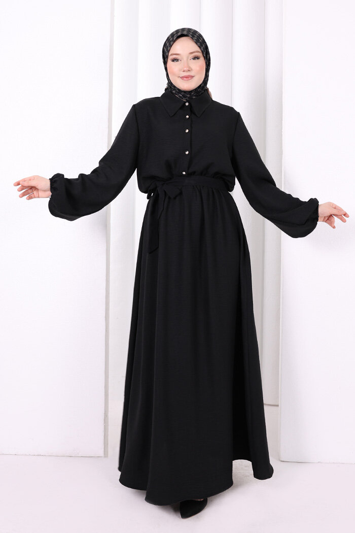 Düğme Detaylı Elbise 6097 Siyah - 2