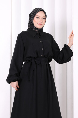 Düğme Detaylı Elbise 6097 Siyah - 5