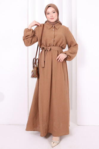 Düğme Detaylı Elbise 6097 Taba