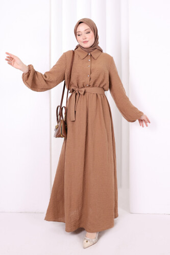 Düğme Detaylı Elbise 6097 Taba - 2
