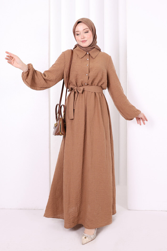 Düğme Detaylı Elbise 6097 Taba - 2