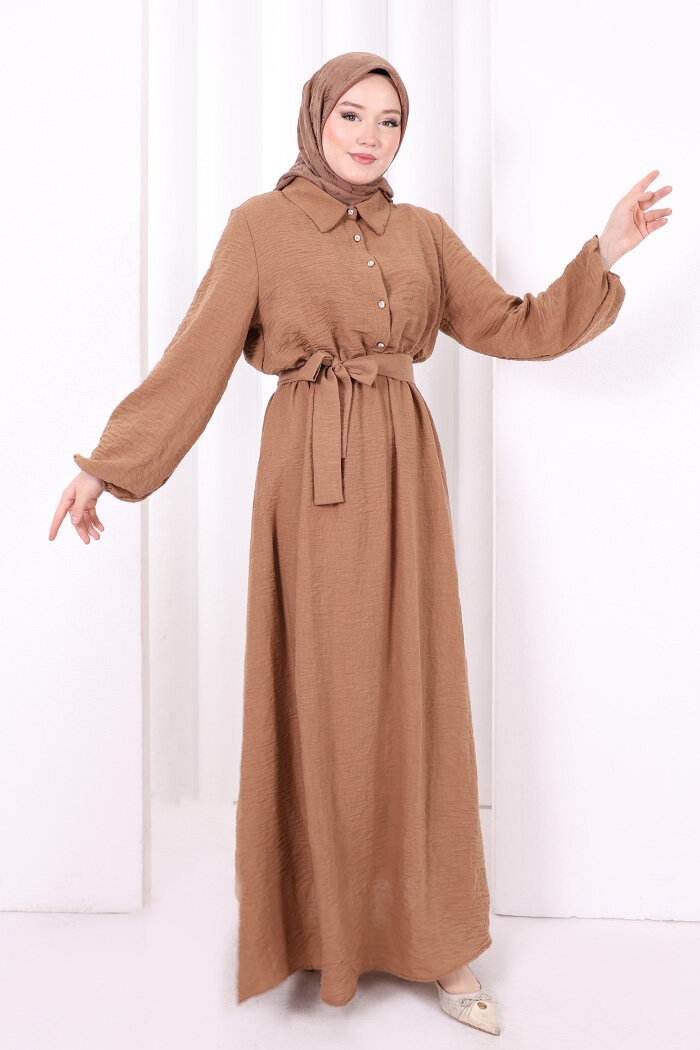 Düğme Detaylı Elbise 6097 Taba - 3
