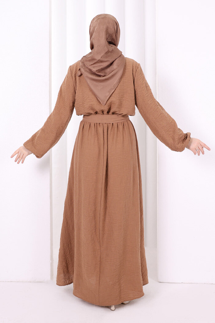 Düğme Detaylı Elbise 6097 Taba - 4