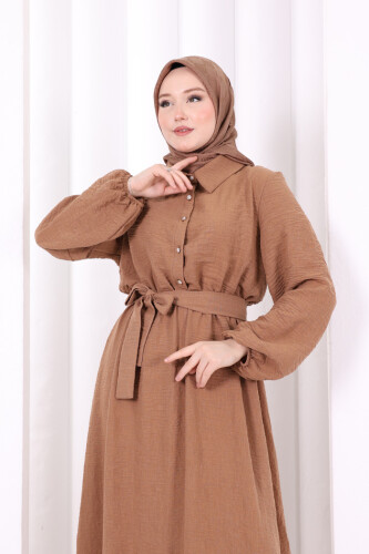 Düğme Detaylı Elbise 6097 Taba - 5
