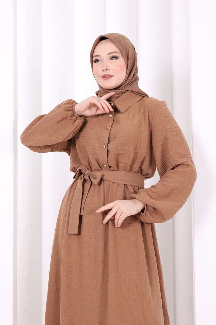 Düğme Detaylı Elbise 6097 Taba - 5