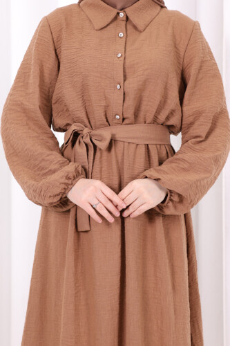Düğme Detaylı Elbise 6097 Taba - 6
