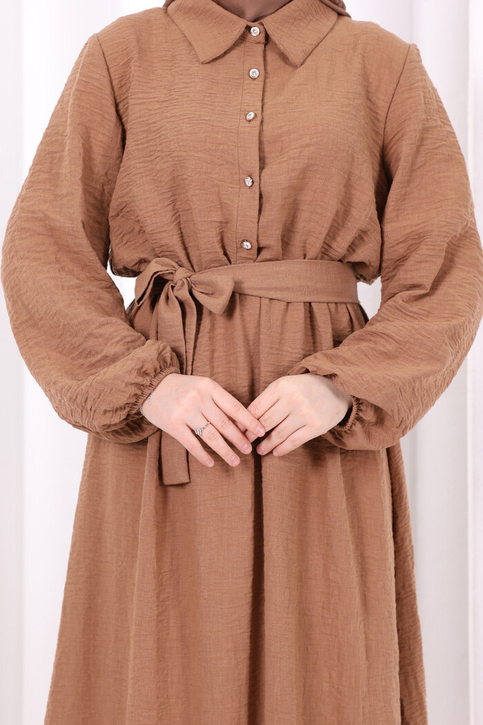 Düğme Detaylı Elbise 6097 Taba - 6