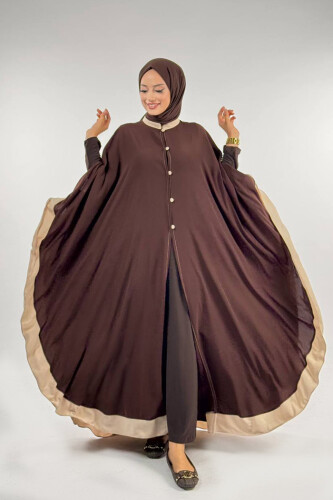 Düğme Detaylı Pelerin 70024 Kahve-Taş - Bym Fashion