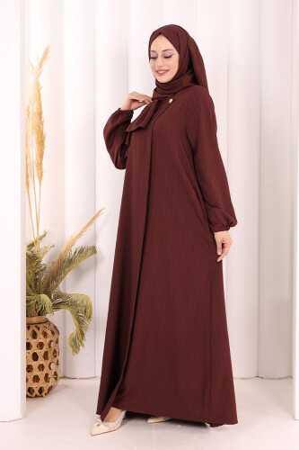 Düğme Detaylı Şallı Ferace 7058 Bordo - 4