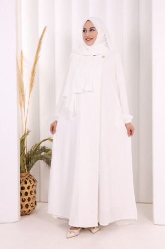 Düğme Detaylı Şallı Ferace 7058 Ekru 