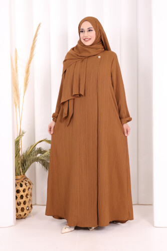 Düğme Detaylı Şallı Ferace 7058 Kahverengi 