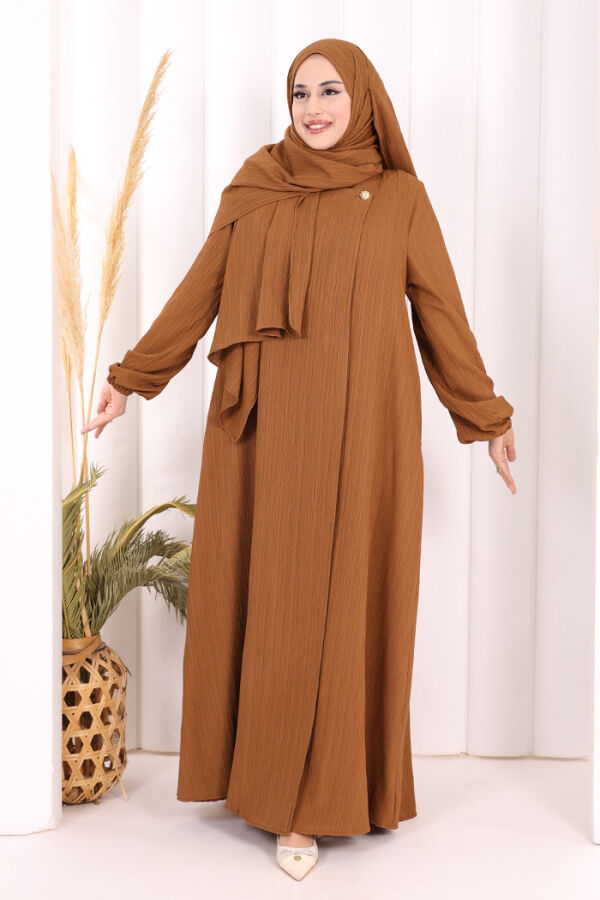 Düğme Detaylı Şallı Ferace 7058 Kahverengi - 2