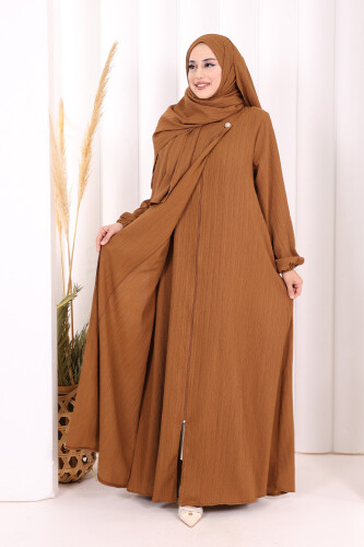 Düğme Detaylı Şallı Ferace 7058 Kahverengi - 3