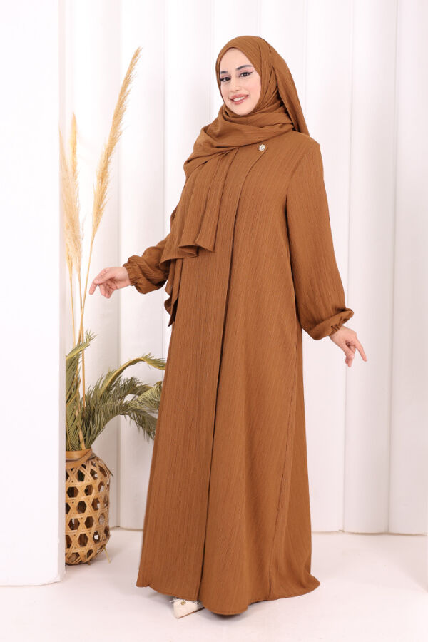 Düğme Detaylı Şallı Ferace 7058 Kahverengi - 4