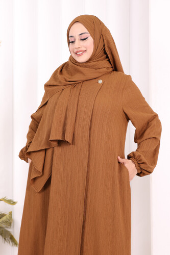 Düğme Detaylı Şallı Ferace 7058 Kahverengi - 6