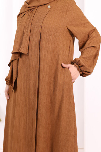 Düğme Detaylı Şallı Ferace 7058 Kahverengi - 7