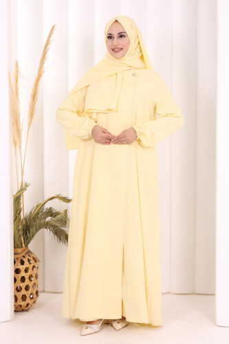 Düğme Detaylı Şallı Ferace 7058 Sarı 