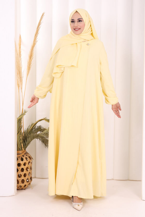 Düğme Detaylı Şallı Ferace 7058 Sarı - 2