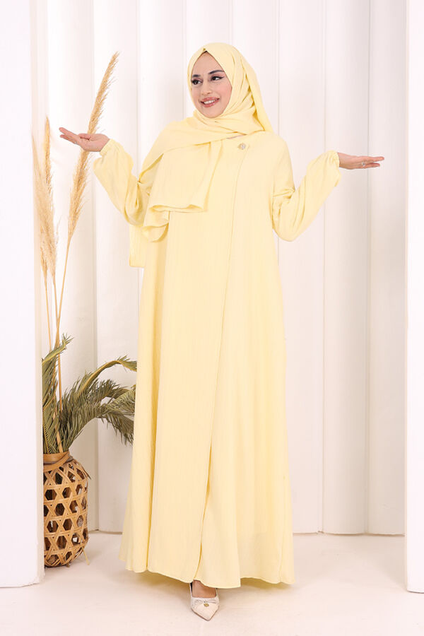 Düğme Detaylı Şallı Ferace 7058 Sarı - 3