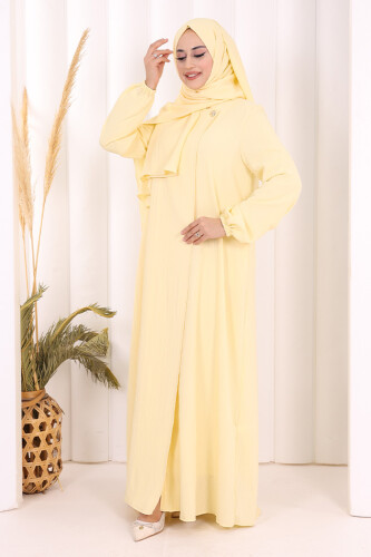Düğme Detaylı Şallı Ferace 7058 Sarı - 4