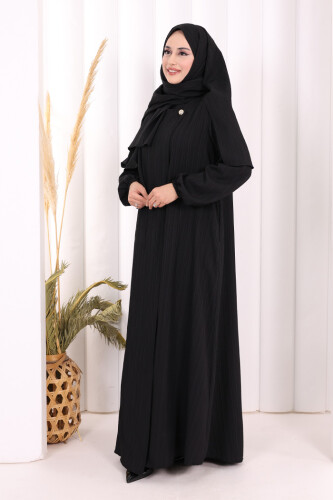 Düğme Detaylı Şallı Ferace 7058 Siyah - 3