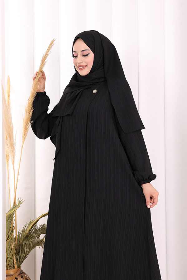 Düğme Detaylı Şallı Ferace 7058 Siyah - 5