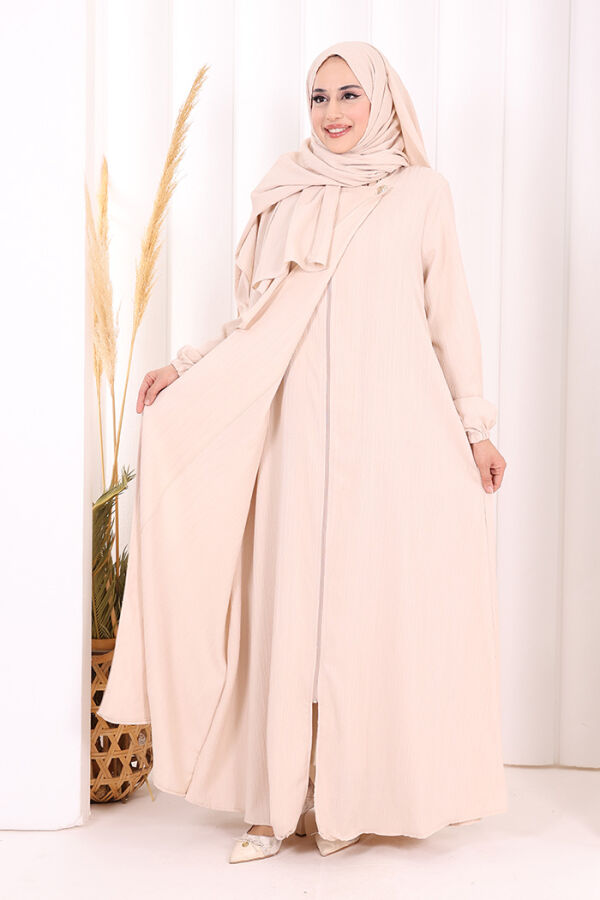 Düğme Detaylı Şallı Ferace 7058 Taş - 4