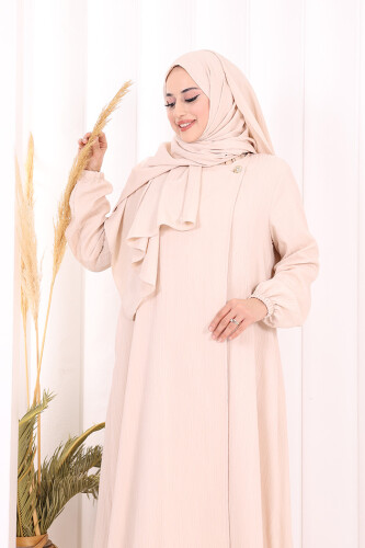 Düğme Detaylı Şallı Ferace 7058 Taş - 6