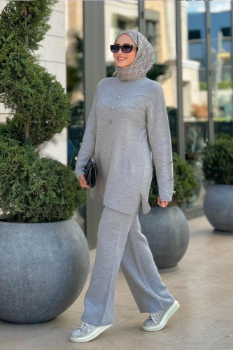 Düğme Detaylı Tunik Ve Pantolon İkili Triko Takım 2-1530 Gri 