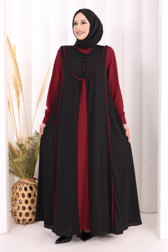 Düğme Detaylı Yelekli Elbise Takım 7060 Bordo