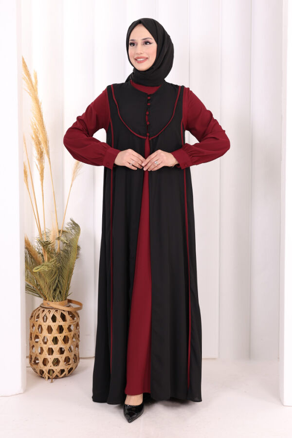 Düğme Detaylı Yelekli Elbise Takım 7060 Bordo - 2