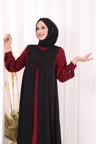 Düğme Detaylı Yelekli Elbise Takım 7060 Bordo - 5