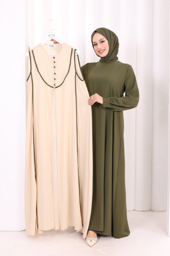 Düğme Detaylı Yelekli Elbise Takım 7060 Haki