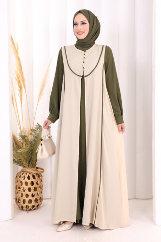 Düğme Detaylı Yelekli Elbise Takım 7060 Haki - 2