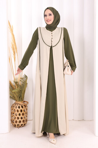 Düğme Detaylı Yelekli Elbise Takım 7060 Haki - 3