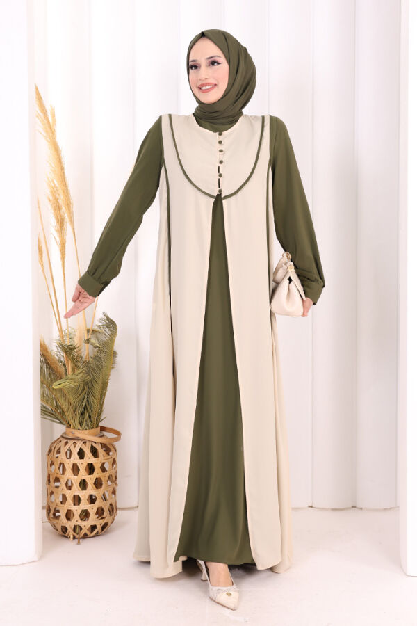 Düğme Detaylı Yelekli Elbise Takım 7060 Haki - 3