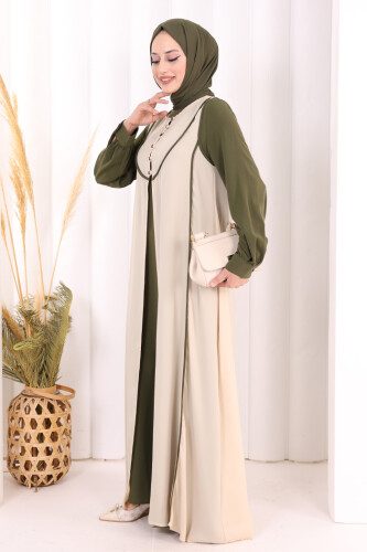Düğme Detaylı Yelekli Elbise Takım 7060 Haki - 4