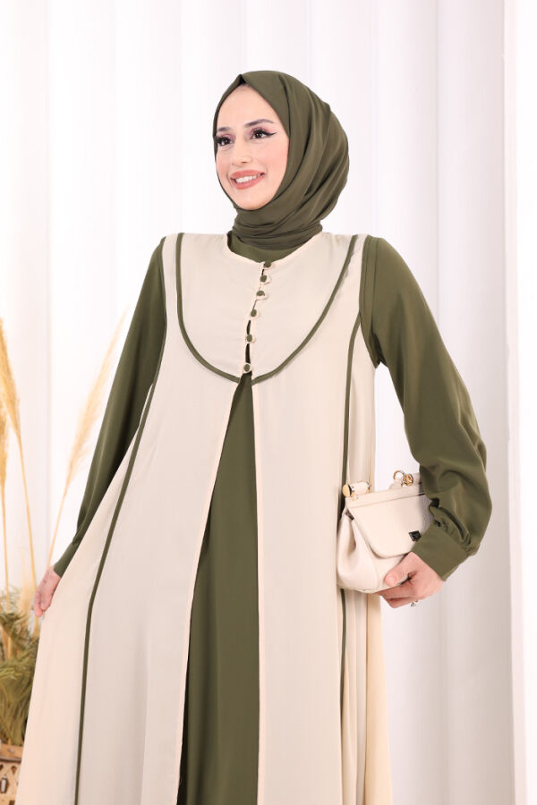 Düğme Detaylı Yelekli Elbise Takım 7060 Haki - 6