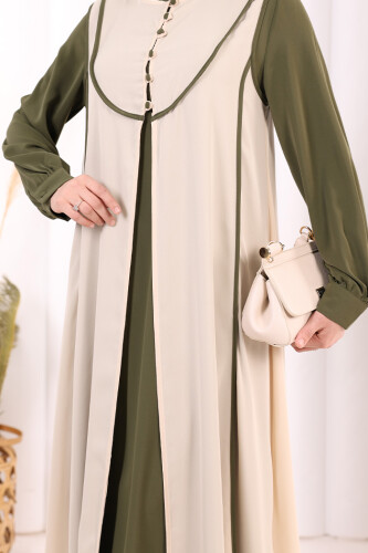 Düğme Detaylı Yelekli Elbise Takım 7060 Haki - 7