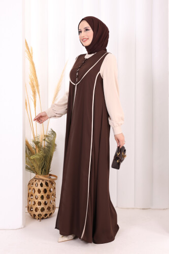 Düğme Detaylı Yelekli Elbise Takım 7060 Taş - 4